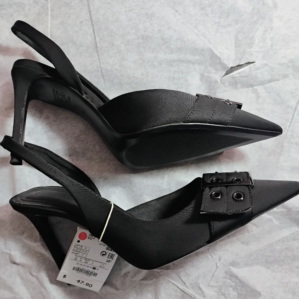 Stradivarius Black Buckle Slingback Heels NWT Size 40 - Picture 9 of 17